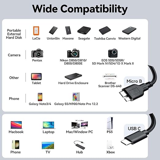 External Hard Drive Cable Micro B to USB C Cord for Western Digital WD My Passport Ultra, Seagate, Toshiba Canvio, UnionSine, LaCie USB 3.0 Micro B Cable for iPhone 16 15, PC, Mac, MacBook,Samsung