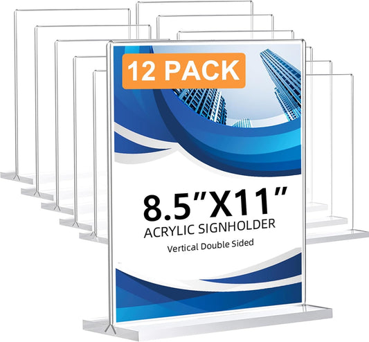 12 Pack Acrylic Sign Holder 8.5 x 11, Double-Sided Clear Sign Holder Plastic Stands for Display, T Shape Acrylic Table Sign Stands for Office Store Restaurants Wedding Party Decoration