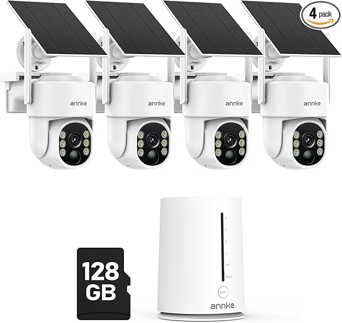 ANNKE 4MP Solar Security Cameras Wireless Outdoor, 5MP 4 Cam-Kit Home Security Camera System, 360°View, Color Night Vision, 2.4&5G WiFi, 2-Way Audio, AI Human Detection, Home Hub & 128GB Memory Card