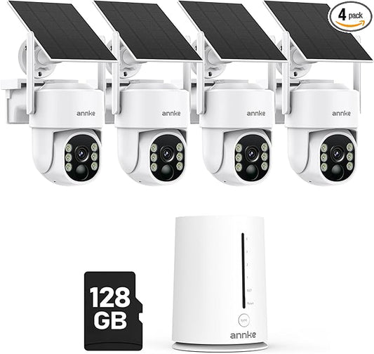 ANNKE 4MP Solar Security Cameras Wireless Outdoor, 5MP 4 Cam-Kit Home Security Camera System, 360°View, Color Night Vision, 2.4&5G WiFi, 2-Way Audio, AI Human Detection, Home Hub & 128GB Memory Card