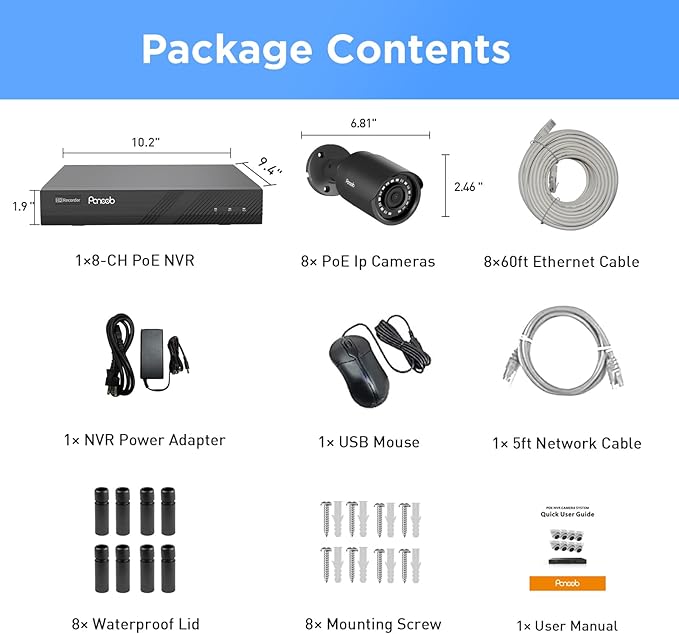 PoE Security Camera System 4K, 8X 8MP Wired Outdoor Home Surveillance IP PoE Cameras with AI Human Vehicle Detection, Remote Access, Built-in Mic, 4K 8 Channel NVR 2TB HDD, PB37F30808-8M
