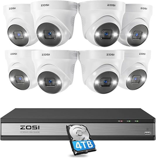 ZOSI 16CH 4K PoE Security Camera System,8X 5MP Outdoor Indoor PoE Cameras with 2-Way Audio,Person Vehicle Detection,Color Night Vision,16Channel 8MP NVR with 4TB HDD for Home Business 24/7 Recording