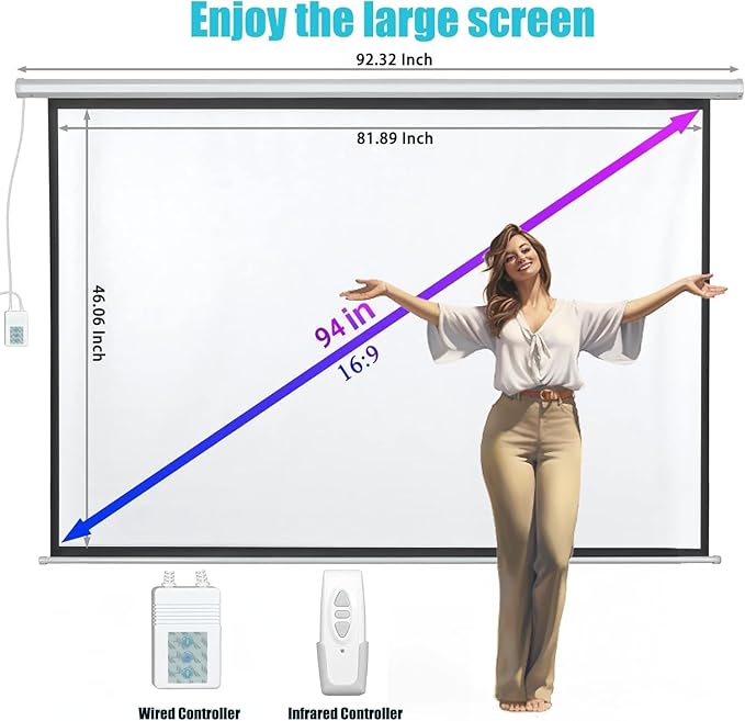 94" Motorized Projector Screen, Electric 16:9 Projector Screen with Remote Control, Indoor/Outdoor HD Movie Screen, Wall/Ceiling Mounted, Perfect for Home Office Theater TV, White