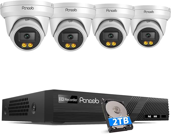 PoE Security Camera System, 4X 4MP Wired Dome IP Cameras Outdoor with Audio, AI Human Vehicle Detection, 5MP 8CH NVR with 2TB HDD, Smart Color Night Vision, 24/7 Recording, PD93BA0408-4MD-1