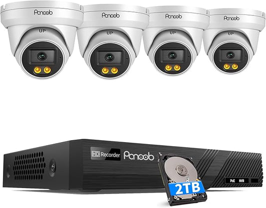 PoE Security Camera System, 4X 4MP Wired Dome IP Cameras Outdoor with Audio, AI Human Vehicle Detection, 5MP 8CH NVR with 2TB HDD, Smart Color Night Vision, 24/7 Recording, PD93BA0408-4MD-1