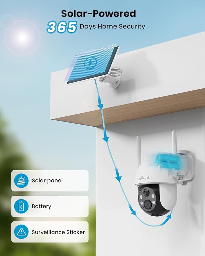 ieGeek Security Cameras Wireless Outdoor, 2K Solar WiFi Camera for Home Security System, Battery Powered Surveillance Cam with Solar Panel, 360° PTZ Color Night Vision, Motion Sensor, Works with Alexa