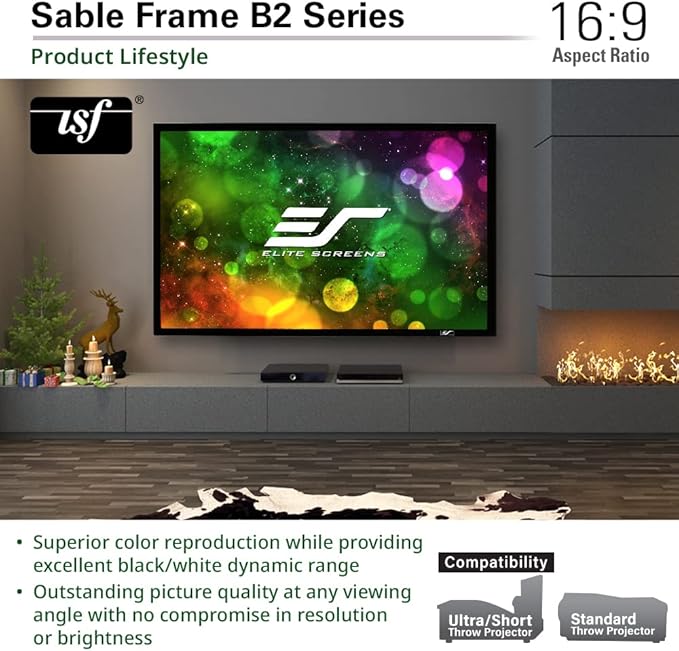 Elite Screens Sable Frame B2 Series 120-Inch 16:9 Projector Screen, Fixed Frame Wall Mounted, 4K/8K UHD & Active 3D, CineWhite UHD-B, ISF Certified, UST Compatible, SB120WH2-X