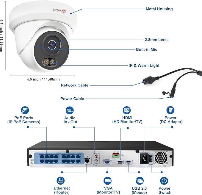 Anpviz 16CH PoE Security Camera System,8PCS 5MP Wired IP TurretCameras Outdoor, Color Night Vision, Built in Mic, 12MP PoE NVR with 4TB HDD for 24/7 Recording, CCTV for Businesses Home