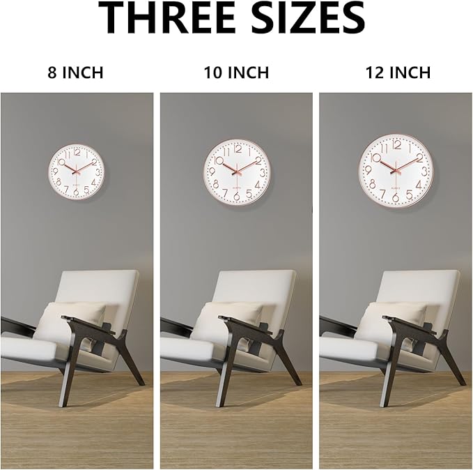 Wall Clock, Silent Wall Clocks Battery Operated 10 Inch- Modern Non Ticking Analog Clock with Large Numerals Tempered Glass Clocks for Bedroom, Living Room, Kitchen, Office Decor, Rose Gold