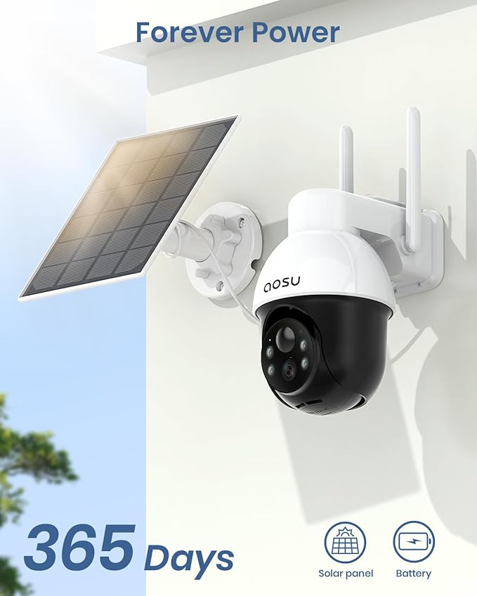 aosu Solar Camera Security Outdoor - Security Cameras Wireless Outdoor with 360° Panoramic View, Human Auto Tracking, 2K Night Vision, Compatible with Alexa/Google Assistant (2 Pack)