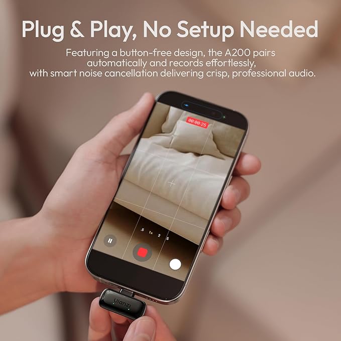 ULANZI A200 Mini Mic Wireless Lavalier Lapel Microphone for iPhone 17/16/15 Type-C, 48kHz/24-bit, Plug & Play, Smart Noise Cancelling, Digital Display, 30H Battery for Video Recording