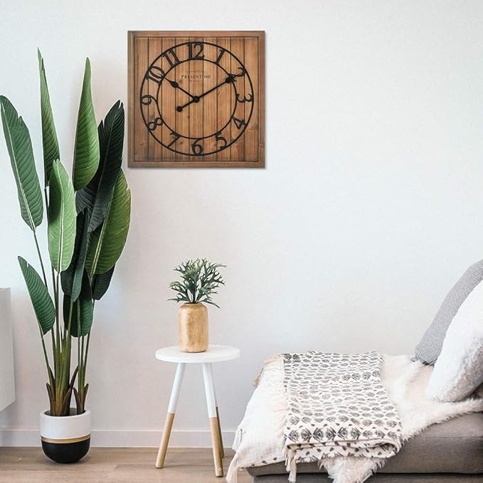 Presentime & Co 21" Farmhouse Square Shiplap Barn Door Wood Clock - Fir, Arabic Numeral. Home Decoration/Wall Decoration/Farmhouse Décor for Living Room, Dining Room, and Entryway.