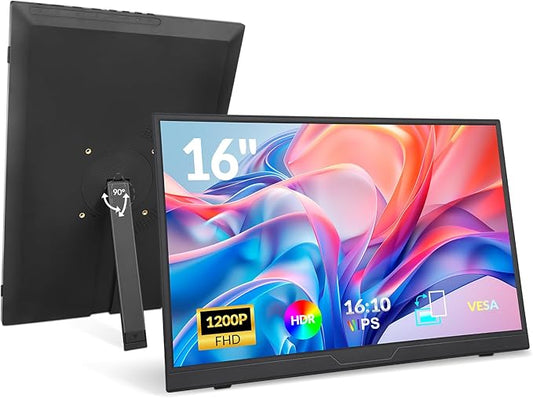 LR Portable Monitor, 16” 1920 * 1200P FHD IPS Screen 16:10, 1500:1 Contrast Ratio, USB-C HDMI Travel Monitor with Rotating Stand, External Second Display for Laptop/PC/Mac/Phone/Switch/Xbox/PS4/5
