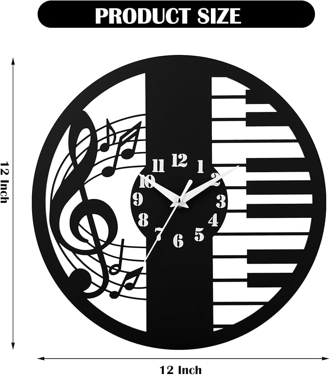 12 Inch Music Themed Wall Clock - Piano Key & Musical Note Design, Silent and Battery Operated - Perfect for Music Room, Studio Decor - Gift for Pianists, Musicians & Music Lover