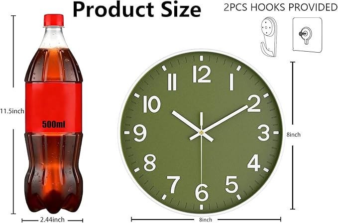 Wall Clock, 8 Inch Wall Clocks Battery Operated, Modern Non Ticking Silent Digital Analog Small Wall Clock for Bedroom Living Room Kitchen Office Gym Classroom Outdoor Clocks, Olive Green