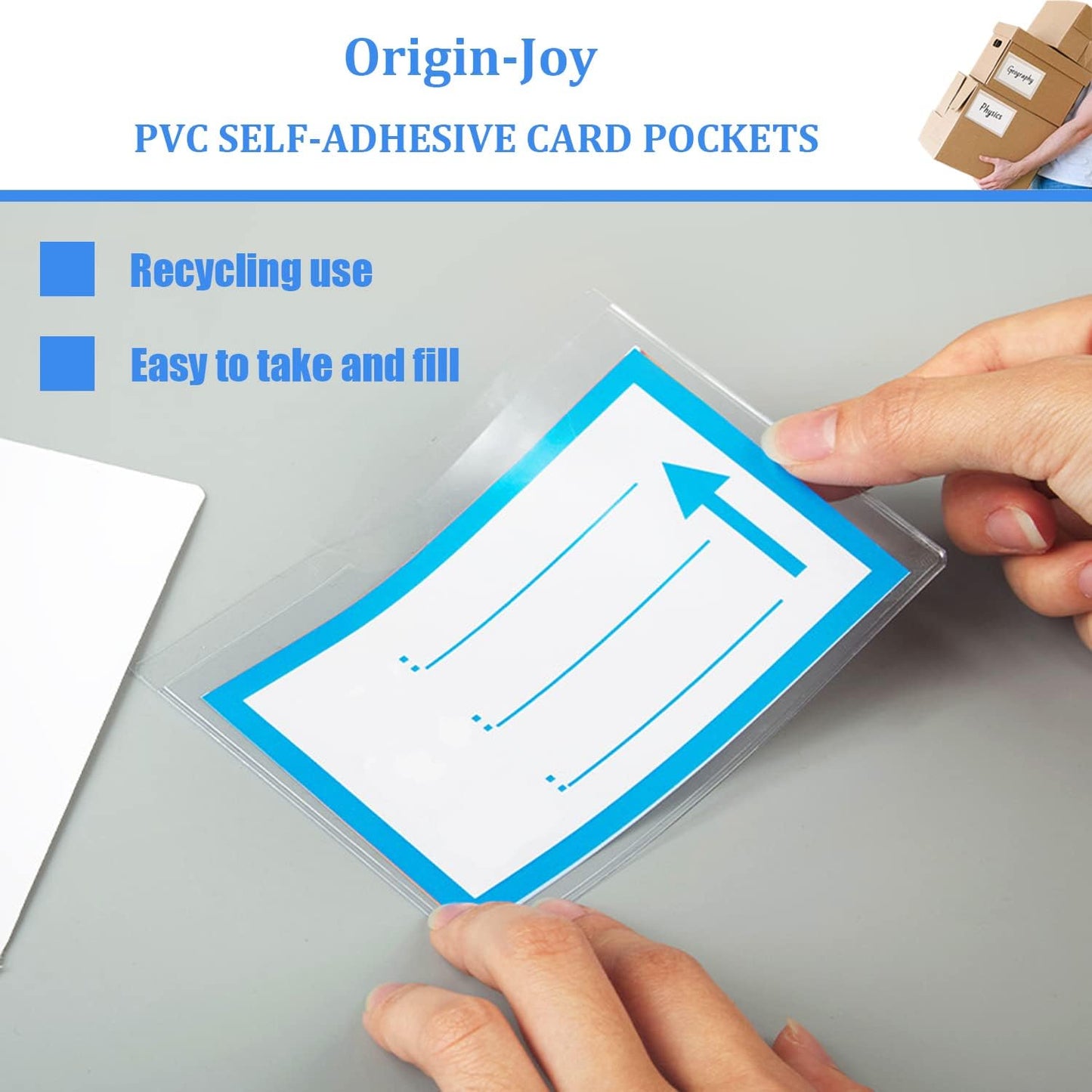 Origin-Joy 60 PCS Self Adhesive Index Card Pockets with Top Open, Clear Plastic Label Holder for Cards of Note, Library and Business, Adhesive Label Pockets & Card Holder (3.5 x 3 inch)