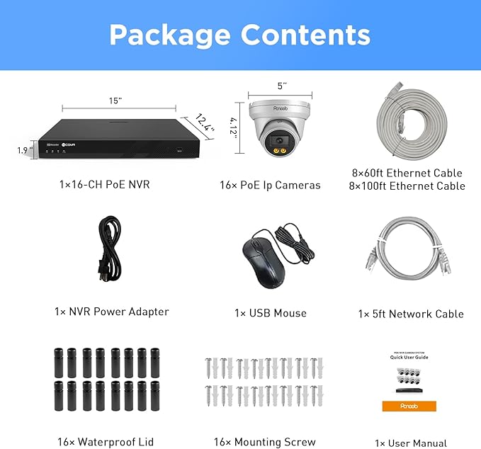 16 Channel Security Camera System 4K PoE, 16x 8MP Wired IP PoE Dome Camera, Spotlight Color Night Vision, Human Vehicle Detection,1-Way Audio Remote Access, 4K 16CH NVR 4TB HDD, PD93BA1616-8MD