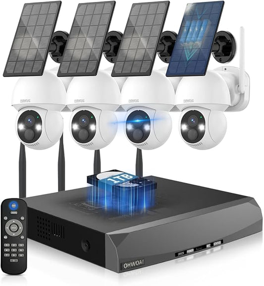 《100% Solar Powered & 2-Way Audio》Outdoor Wireless PTZ Camera System, 4MP Solar Powered Battery Cameras Systems, Home Video Surveillance DVR Kits with PIR Motion Detection