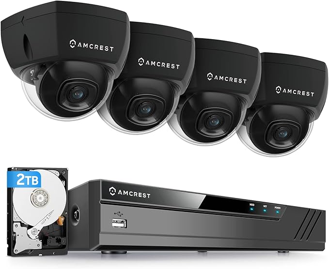 Amcrest 4K 8CH Security Camera System w/ 4K 8CH POE NVR, (4) x 8-Megapixel Dome POE IP Cameras (3840x2160), Pre-Installed 2TB Hard Drive, NV4108E-IP8M-2493EB4-2TB (Black)