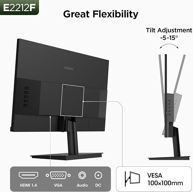 KOORUI 22 Inch Computer Monitor Full HD 1080P 100Hz PC Gaming Screen VA Panel Ultra-Slim Display 3000:1 Contrast Ratio with Adpitive Sync (HDMI/VGA/VESA Compatible 100x100mm/Audio Out), Tilt, Black