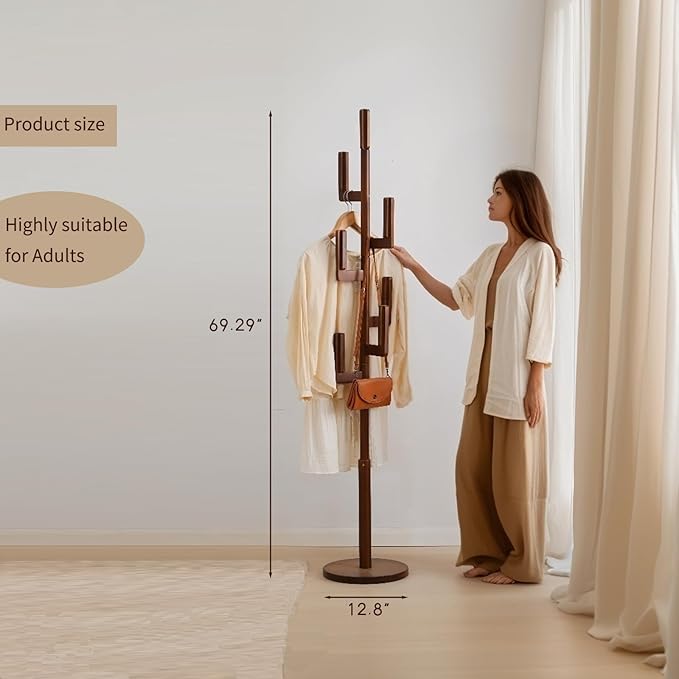 Bamboo Cactus Coat & Clothes Rack Stand, Standing Freestanding Clothing Racks with 6 Hooks for Adults & Kids, Heavy Duty Modern Entryway Living Room Bedroom Corner Coat Rack
