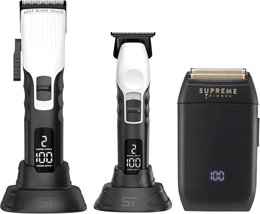 Supreme Trimmer 3-in-1 Barber Bundle | 2Spee Clipper, 2Spee Trimmer & Crunch Foil Shaver | Professional Beard Trimmer Men’s Hair Clipper Kit | White