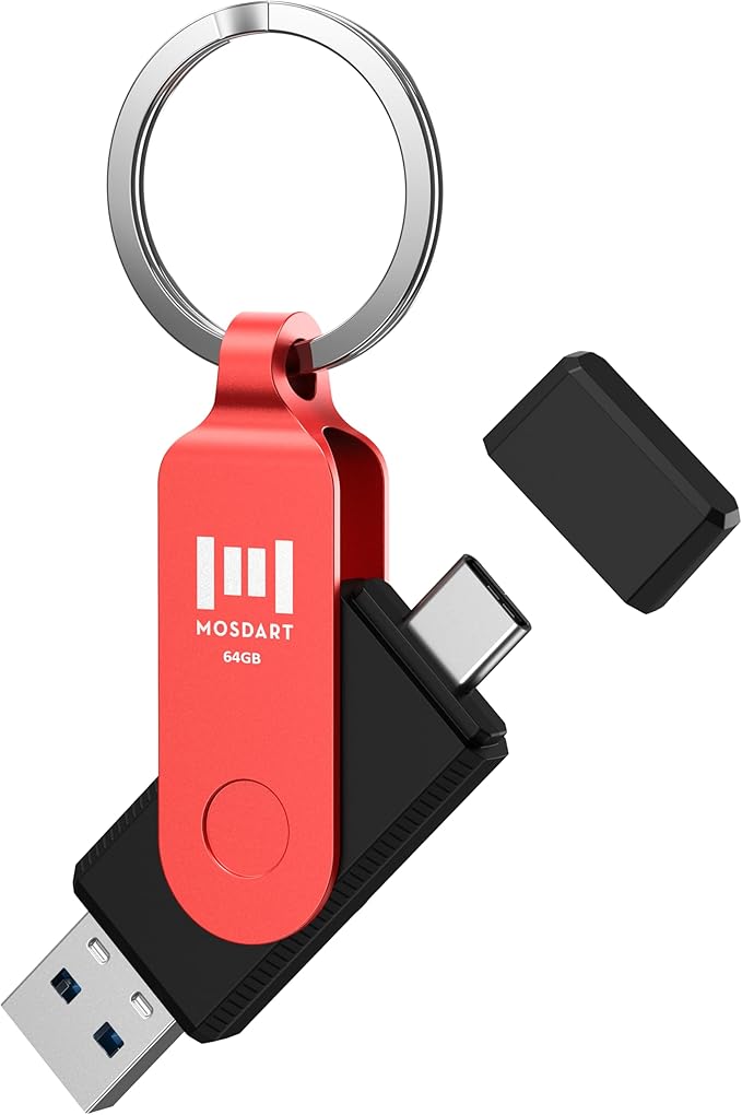 MOSDART 64GB USB3.1 Fast Speed C and A Dual Flash Drive, exFAT Memory Stick with Keychain and LED Indicator, for iPhone 15,16,17, Android Phone, iPad, MacBook, and Other Laptops, Red