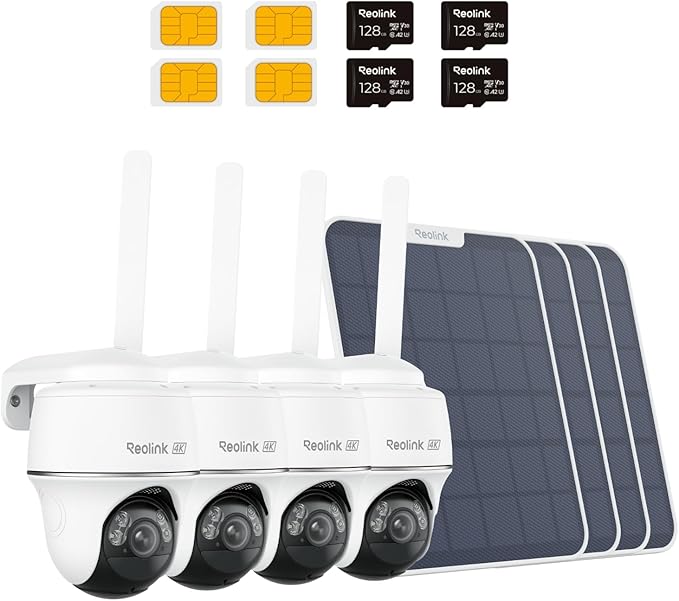 REOLINK 4K 4G LTE 360° Cellular Security Camera Wireless Outdoor +128G SD Card - 4Pack, No WiFi Solar Powered, SIM Card Included, 8MP Color Night Vision, Local/Cloud Storage, Go PT Ultra+Solar Panel 2