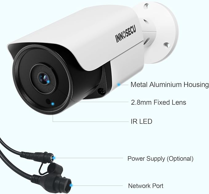4MP PoE Camera, Wired IP Bullet Security Surveillance Camera Waterproof IP67, Night Vision 100ft, 2.8mm Lens Wide Angle 110°, Built-in Mic, AI Human Vehicle Detection, INB4FR37E(White)