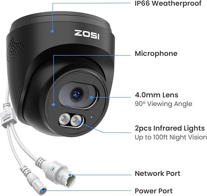 ZOSI C220 2Pack 4MP 2.5K QHD Add-On PoE IP Camera Outdoor, 1440p Surveillance Outdoor Camera to Home Security System, Only Work with ZOSI PoE NVR, 100ft Night Vision, AI Human Detection, Two-Way Audio