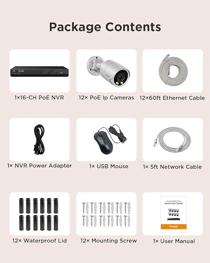16 Channel Security Camera System PoE, 4K 16CH NVR 4TB HDD, 12X 5MP Wired Surveillance IP PoE Cameras Outdoor, AI Human Vehicle Detection, Built-in Microphone, Color Night Vision, PB38F1216-5M