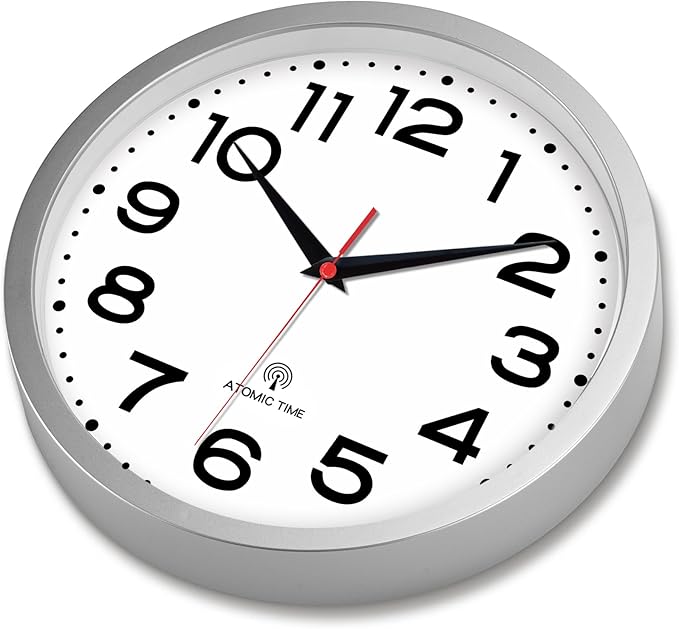 Atomic Wall Clock 14 Inch, Modern Clock Battery Operated Classic Analog Decorative for Kitchen, Living Room, Office, Bedroom, Bathroom (Silver)