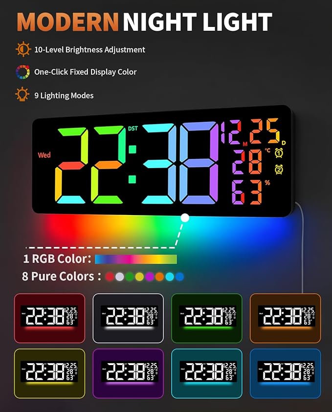 17.2" Large Digital Wall Mount Clock, Count Down Timer, Alarm, Big LED, 11 RGB Color, Temperature for Living Room Classroom Desk, Xmas, Birthday Gift for Senior Mom Dad (Rectangle)