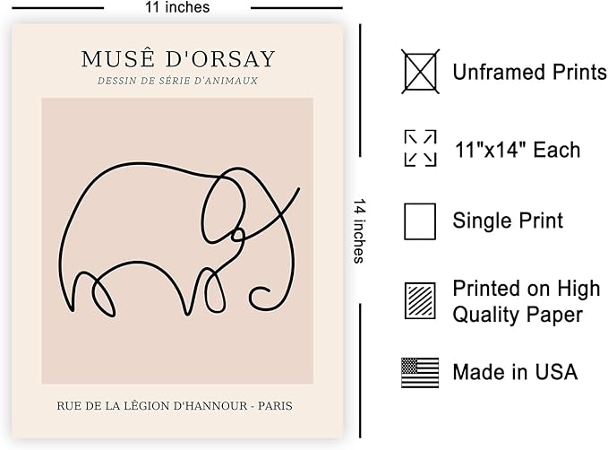 Poster Master Vintage Poster - Retro One Line Elephant Drawing Print - Elephant Art - Minimal Gift for Men, Women, Animal Lover - Abstract Wall Decor for Home, Office - 11x14 UNFRAMED Wall Art