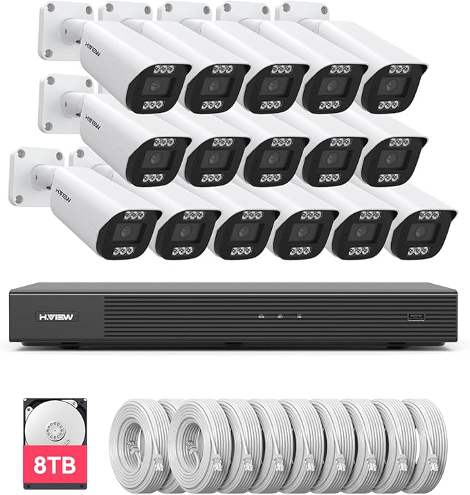 H.VIEW 4K PoE Security Camera System,16CH 8MP NVR with 8TB Large HDD,16pcs 4K Indoor Outdoor PoE IP Cameras,Face/Person/Smart Detection,2 Way Audio,Night Vision,Dual-Disk Backup for 24/7 Recording