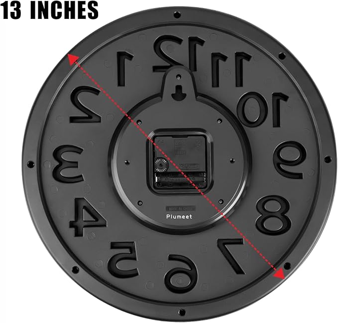 Plumeet 13'' Wall Clock, Large Battery Operated Wall Clocks Silent Non-Ticking Quartz, Modern Style Suitable for Bedroom Living Room Office Decor - 3D Numbers Display Easy to Read, Black
