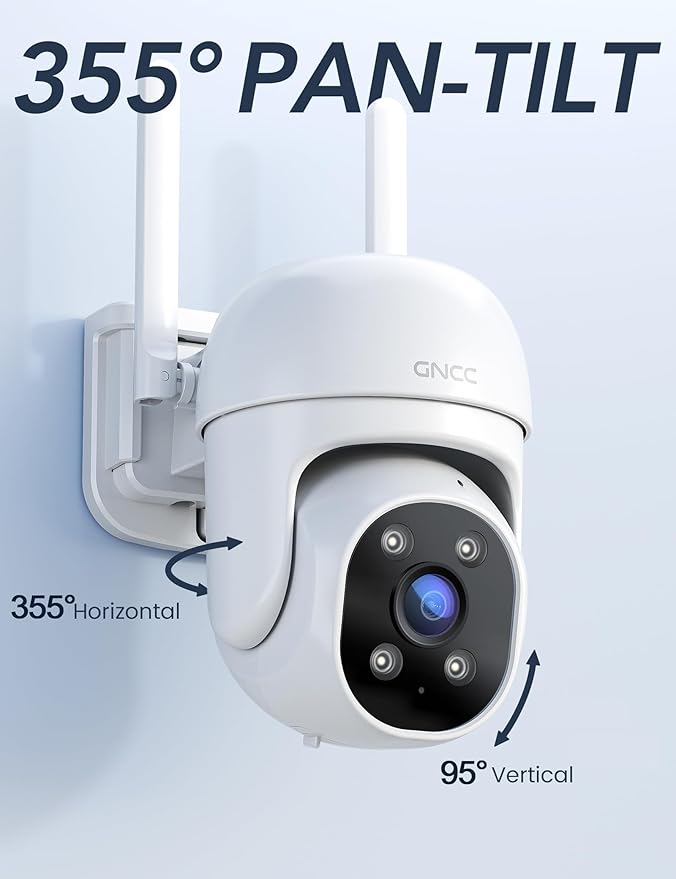 GNCC GK2 Outdoor Security Camera, 355° PTZ Camera, 1080P Color Night Vision, AI Motion, 2-Way Audio, IP65 Waterproof, 24/7 Wired Power, Works Alexa, Cloud Subscription/SD Card Storage, 2.4Ghz WiFi