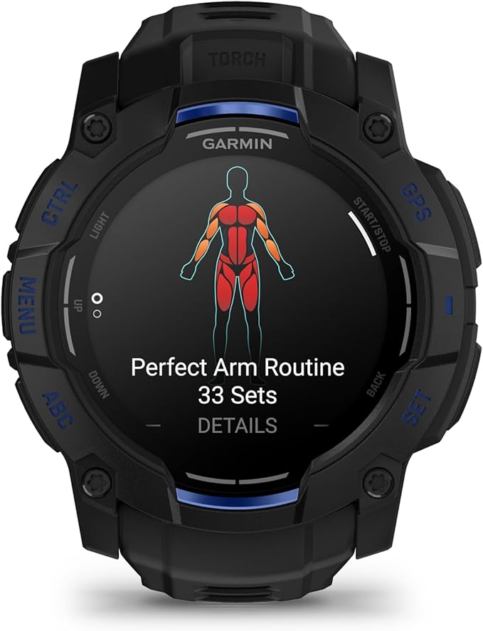Garmin Instinct® 3 – 50 mm, AMOLED Display, Rugged Outdoor GPS Smartwatch, Built-in Flashlight, Supernova Collection Limited Edition Color, Black with Black/Bolt Blue Silicone Band