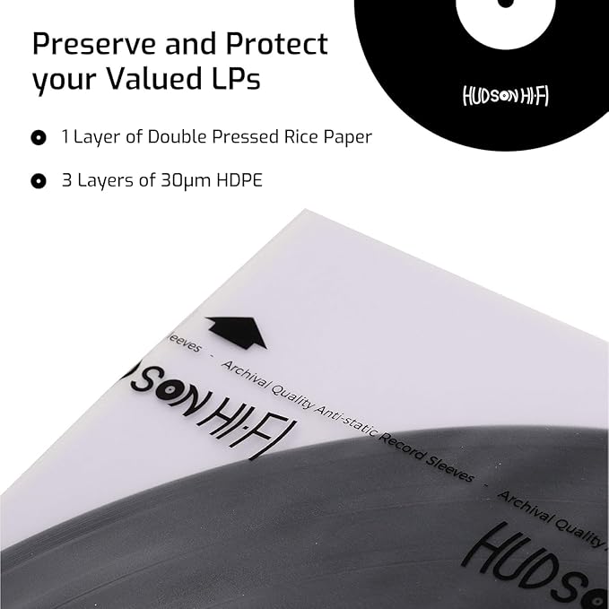 Hudson Hi-Fi Anti-Static Vinyl Record Inner Sleeves 50 Pack - Durable Clear Disc Sleeves- Protect Your LP Albums from Scratches, Dust & Dirt - Acid-Free Rice Paper Interior Disc Covers