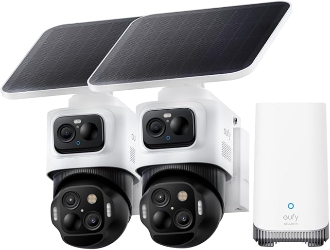 eufy Security eufyCam S4 2-Cam Kit, Solar Security Camera Wireless Outdoor, Triple Lens Bullet-PTZ Cam, 4K UHD, 360° Pan and Tilt, Auto Track, 8× Hybrid Zoom, Color Night Vision, Expandable Storage