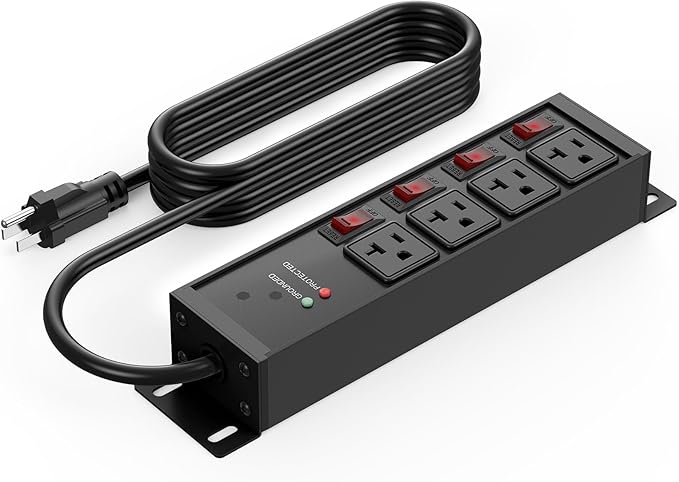 CCCEI Heavy Duty Surge Protector Power Strip 20 Amp Individual Switches. 6FT 12 Gauge Extension Cord with Multiple Outlets. Kitchen, Garage, Shop, Industrial Wall Mount Electric Extender, Black.