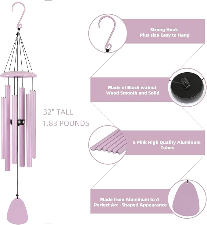 Wind-Chimes-Outdoor-Deep-Tone, Large Soothing Melodic Tones Windchimes, Wind Chimes for Outside, Memorial Wind Chime Best Gift for Mom Women Grandma Neighbors(32" Pink Coated Aluminum)