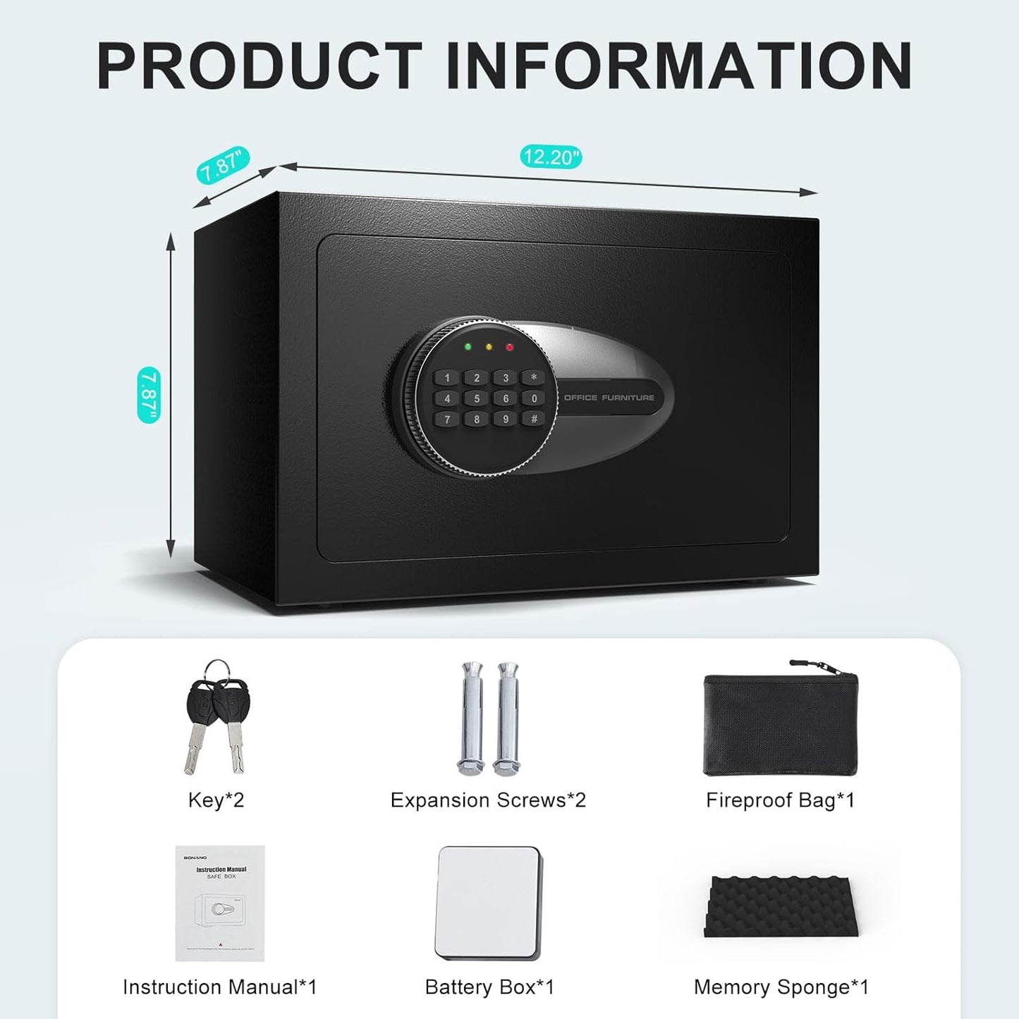 BONANO Small Safe, 0.5 Cubic Safe Box with Electronic Keypad and Fireproof Waterproof Bag, Small Safety Box for Money Cash Valuables, Dual Alarm System, Safes for Home Hotel Office