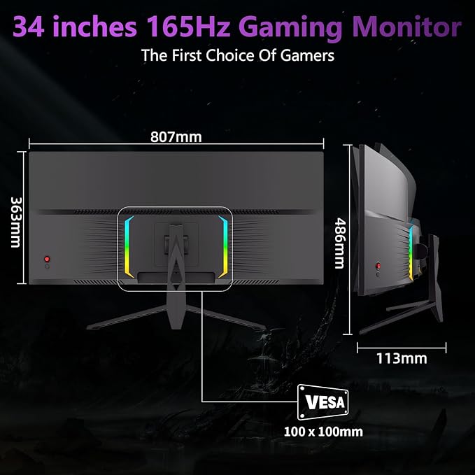 34 Inch Curved Ultra Wide WQHD 4K (3440 × 1440) Gaming Monitor, 165Hz 1500R-PIP/PBP, 1ms (MPRT), HDR400, DCI-P3 95%,FreeSync & G-Sync, 2 x DP 1.4 and 2 x HDMI 2.0, Tilt Height Adjustment