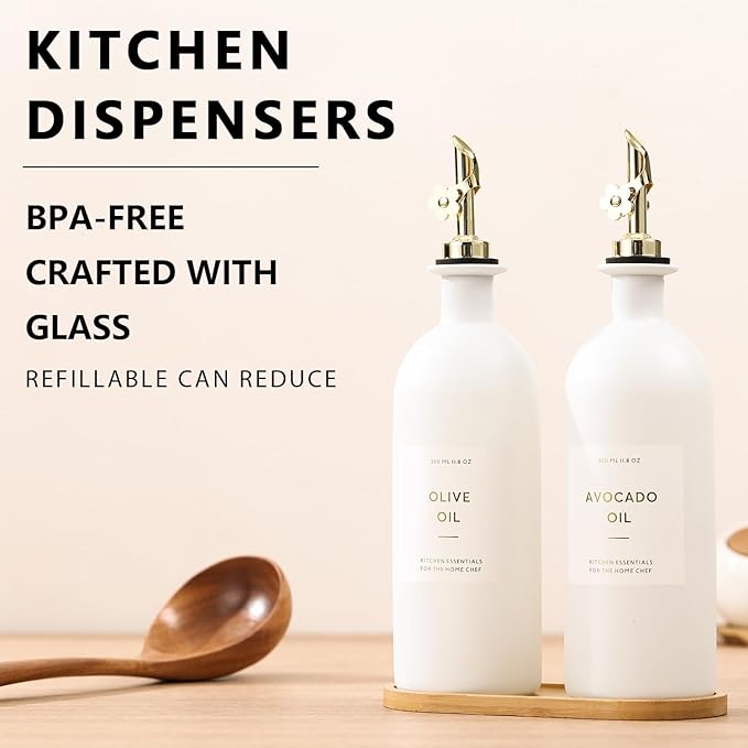 HOMCDALY Olive Oil Dispenser for Kitchen, 16oz Glass Oil Bottles with Bamboo Tray, Gold Oil&Vinegar Cruet Set, Kitchen Dispenser Bottles with Pourer | Set of 2 (16oz – Gold)