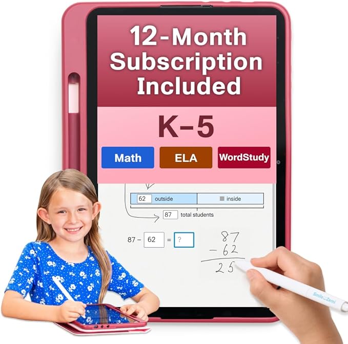 Dedicated Learning Tablet | Personalized Independent Study, 12-Month Subscription Included, Access All K–5 Lessons Math & ELA | No Browser, Games or Ads | 10.1” Display, Pen & Cover(Pink)