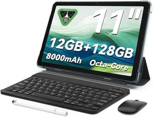 Tablet 11 inch Android 15 Tablets | Octa-core | 12GB RAM+128GB ROM | 8000mAh Tablet with Keyboard | Mouse | Case | Dual Band WiFi | BT 5.0 | GPS | 13 MP Dual Camera (Blue with Keyboard)