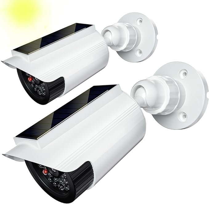 WALI Fake Dummy Camera, Solar Powered Fake Security Camera with LED Light, for Inside Outside Decoy Simulated Surveillance Security CCTV Dome Cameras with Warning Sticker (SOLTC-W2), 2 Packs, White