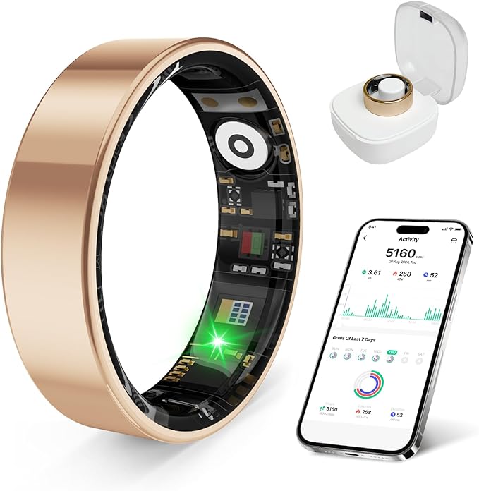 Smart Health Ring, Featuring Stress and Sleep Monitoring Functions, Compatible with iOS and Android, Waterproof Fitness Tracker for Women & Men, No Subscription Fee. (Rose Gold, 9)
