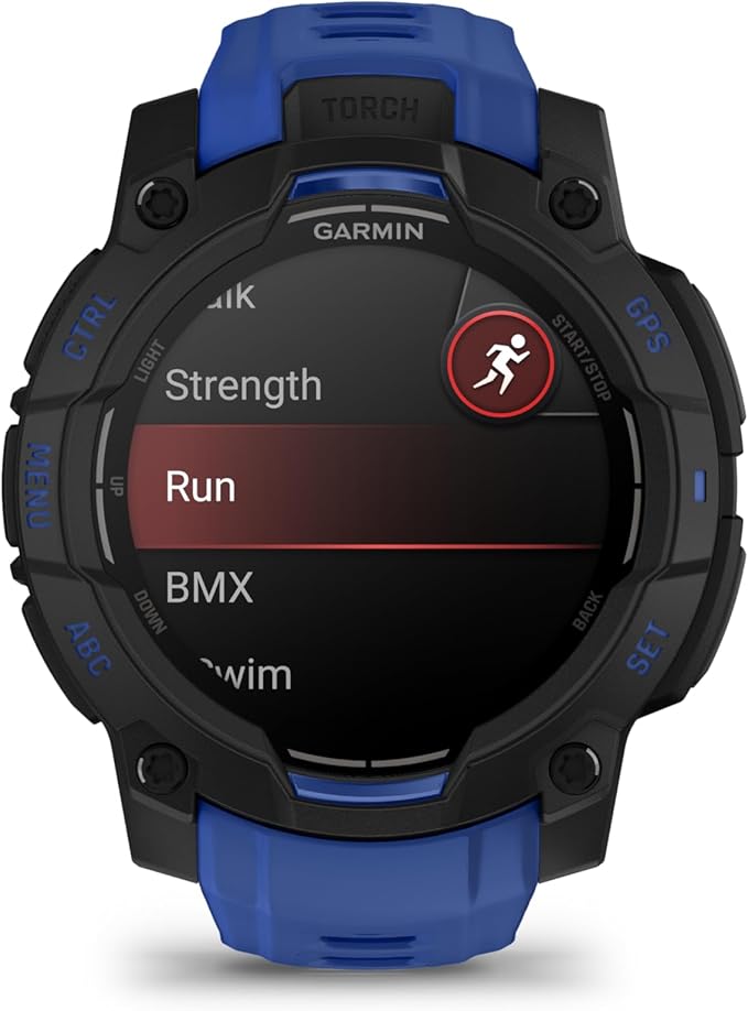 Garmin Instinct® 3 – 45 mm, AMOLED Display, Rugged Outdoor GPS Smartwatch, Built-in Flashlight, Supernova Collection Limited Edition Color, Black with Bolt Blue/Black Silicone Band